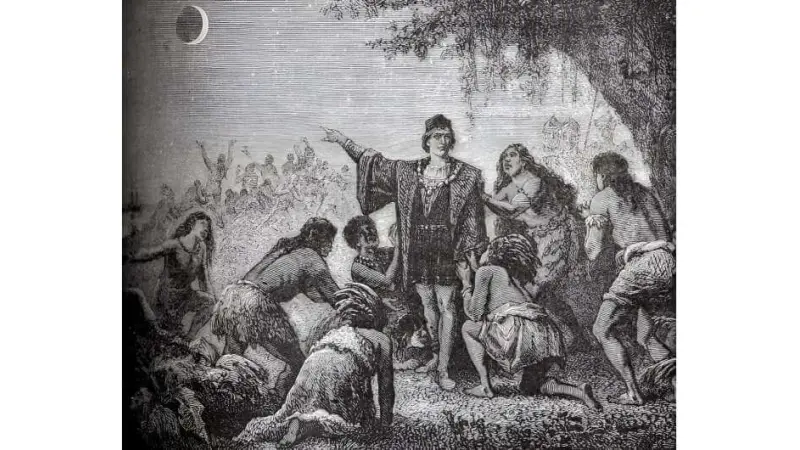 איור של קולומבוס חוזה ליקוי ירח כדי להערים על אנשי טאינו לספק לצוותו מזון ואספקה. קרדיט :אסטרונומיה פופולרית (1879) מאת קמיל פלמריון, באמצעות ויקימדיה